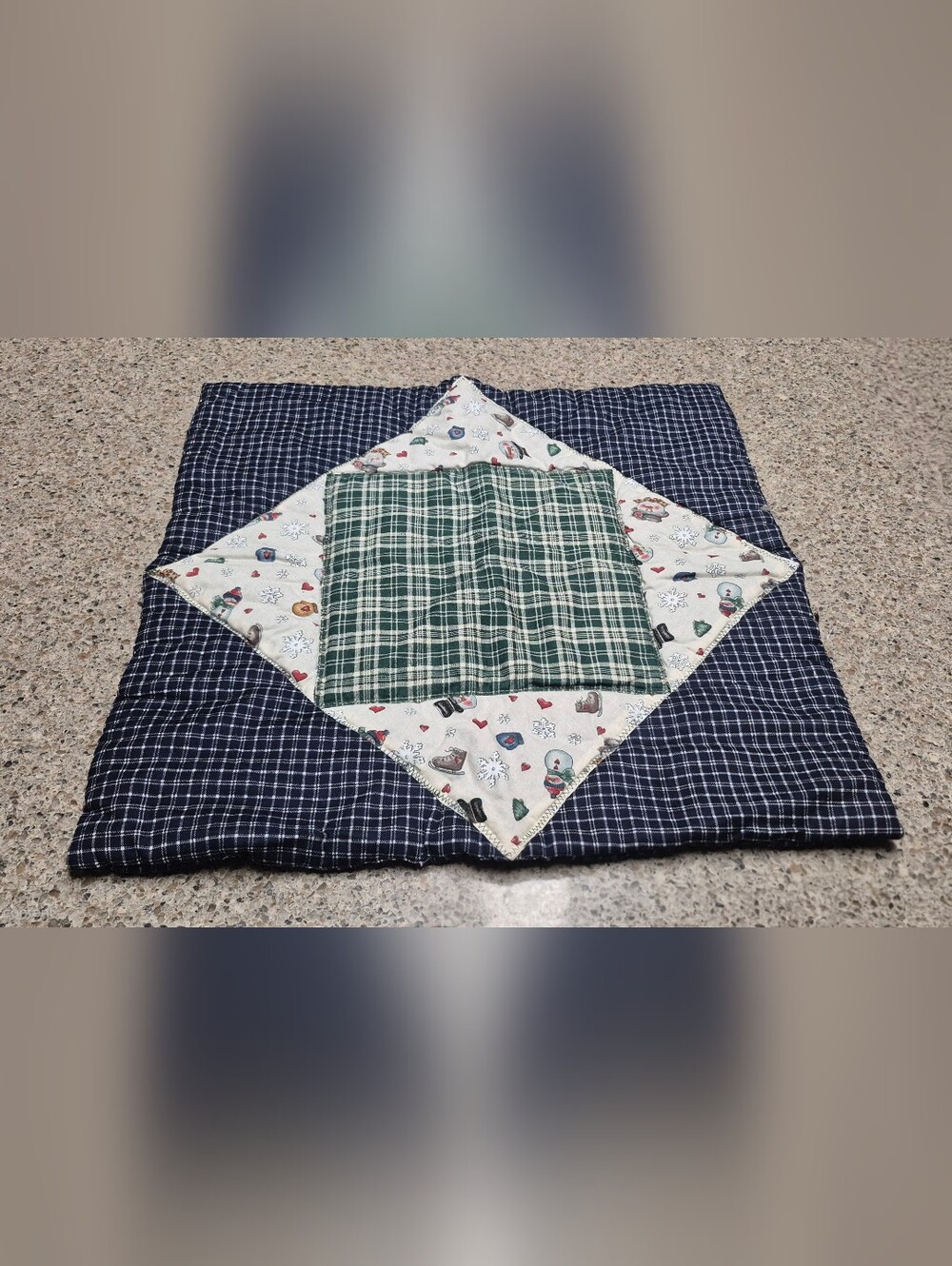 Handcrafted Quilted Christmas Winter Table Topper Snowman Plaid Candle Mat 18x18